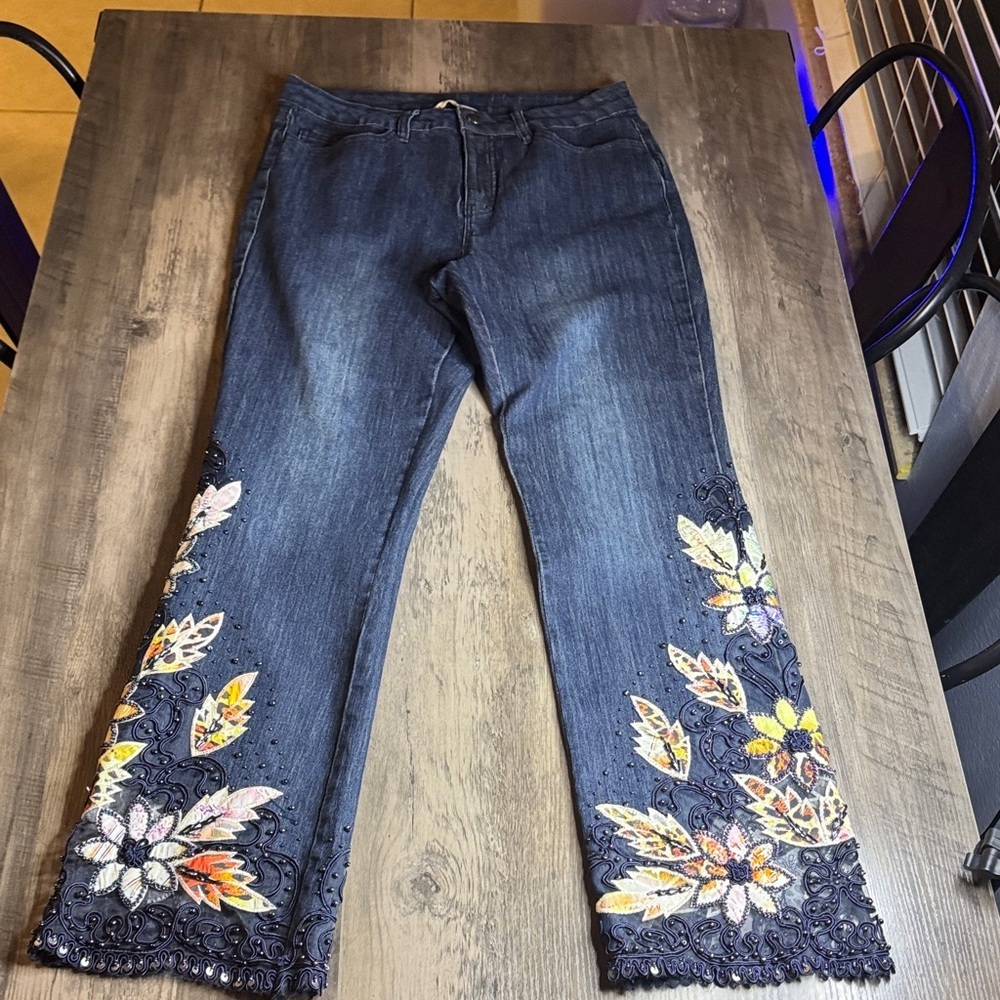 Soft Surroundings Wild Rose Beaded Embroidered Floral Jeans. - Picture 3 of 9
